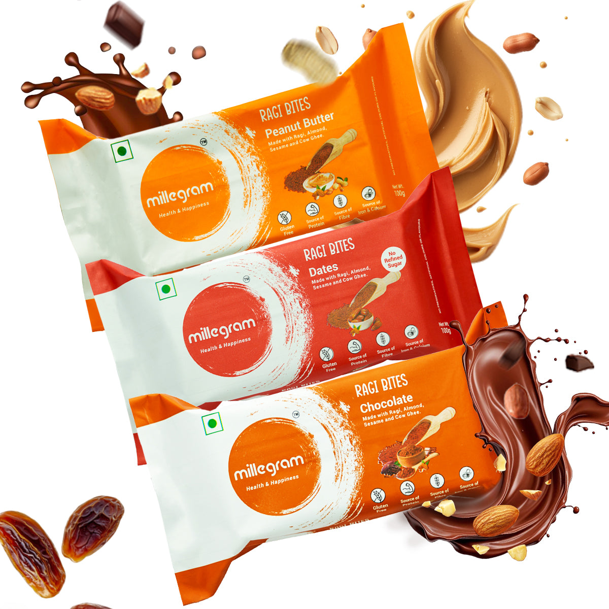 Ragi Bites Assorted flavors (Pack of 15 X 20g) - 3g Protein & 2g Fiber each bar| No Refined Sugar