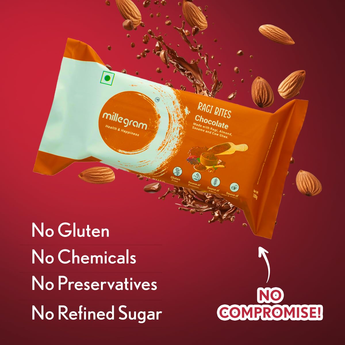 Ragi Bites Chocolate Bars (Pack of 15 X 20g) - 3g Protein & 2g Fibre each bar | No Refined Sugar