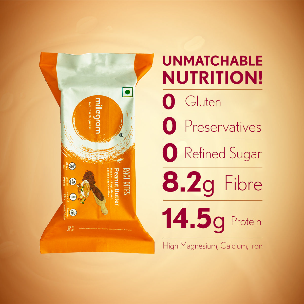 Ragi Bites Peanut Butter Flavour (Pack Of 3 x 100 g) - 3g Protein & 2g Fibre each bar | No Refined Sugar