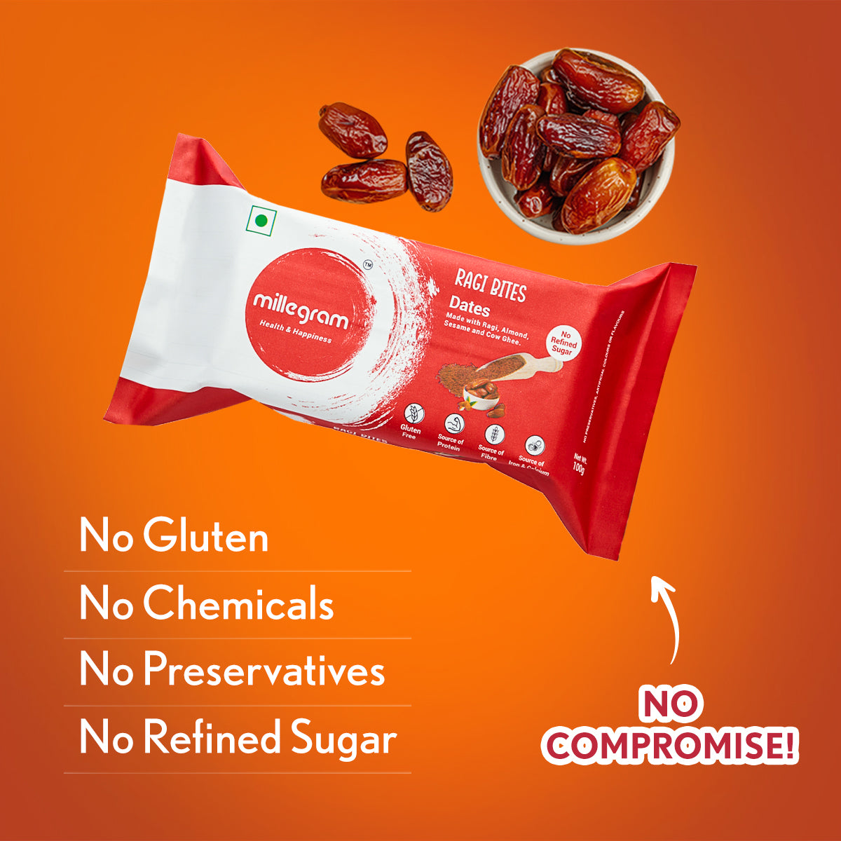 Ragi Bites Date Bars (Pack of 15 X 20g) - 2g Protein & 2g Fibre each bar | No Added Sugar