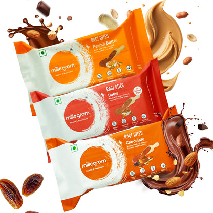 Ragi Bites Assorted flavors (Pack of 15 X 20g) - 3g Protein & 2g Fiber each bar| No Refined Sugar