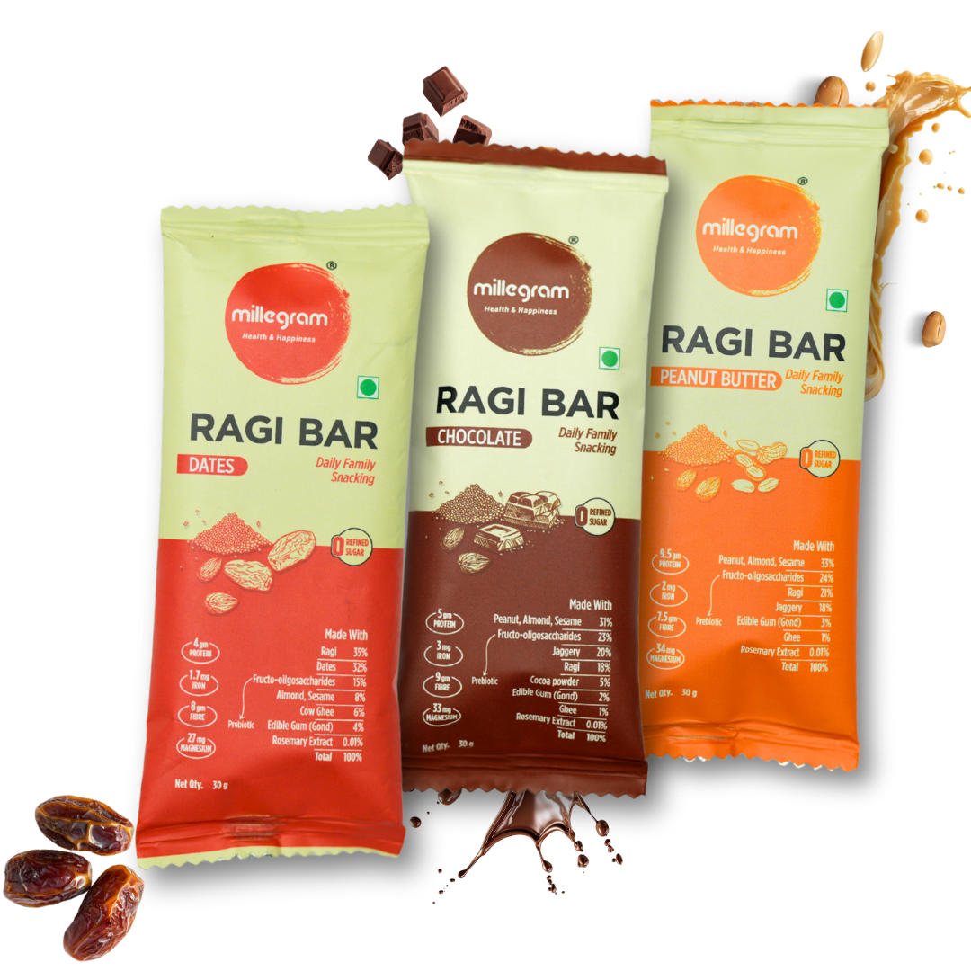 Three packages of millegram Ragi Bars on a white background