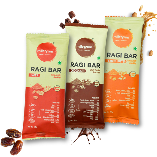 Three packages of millegram Ragi Bars on a white background