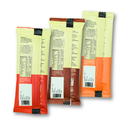 Three Ragi Bars packages with nutritional information labels on a white background