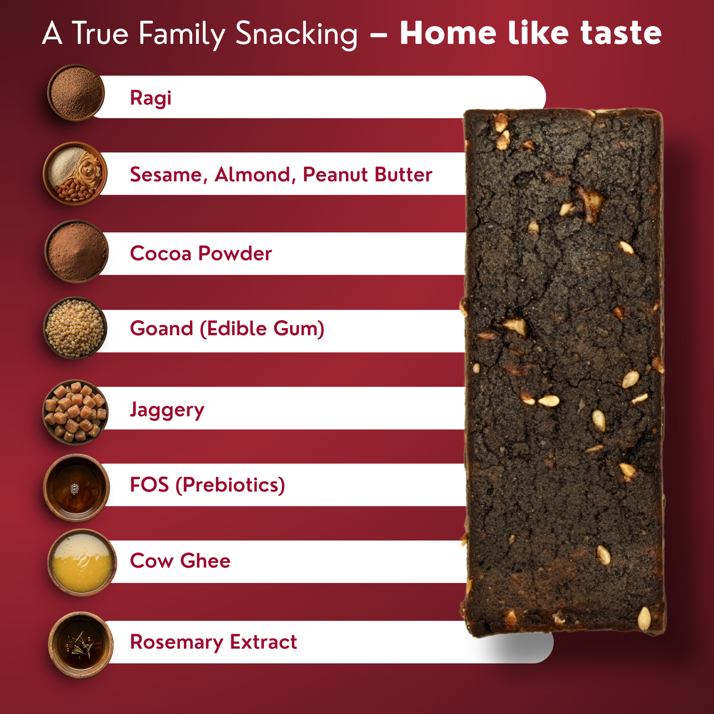 Nutritious bar with ingredients listed on a red background