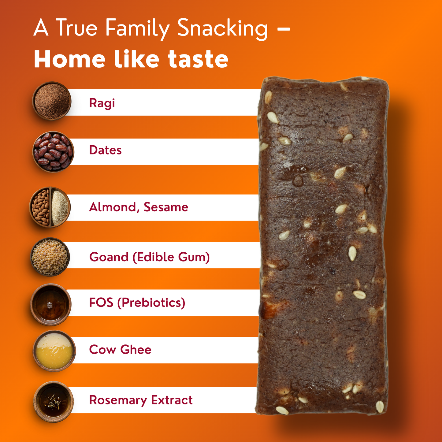 Nutritious bar with ingredients listed on an orange background
