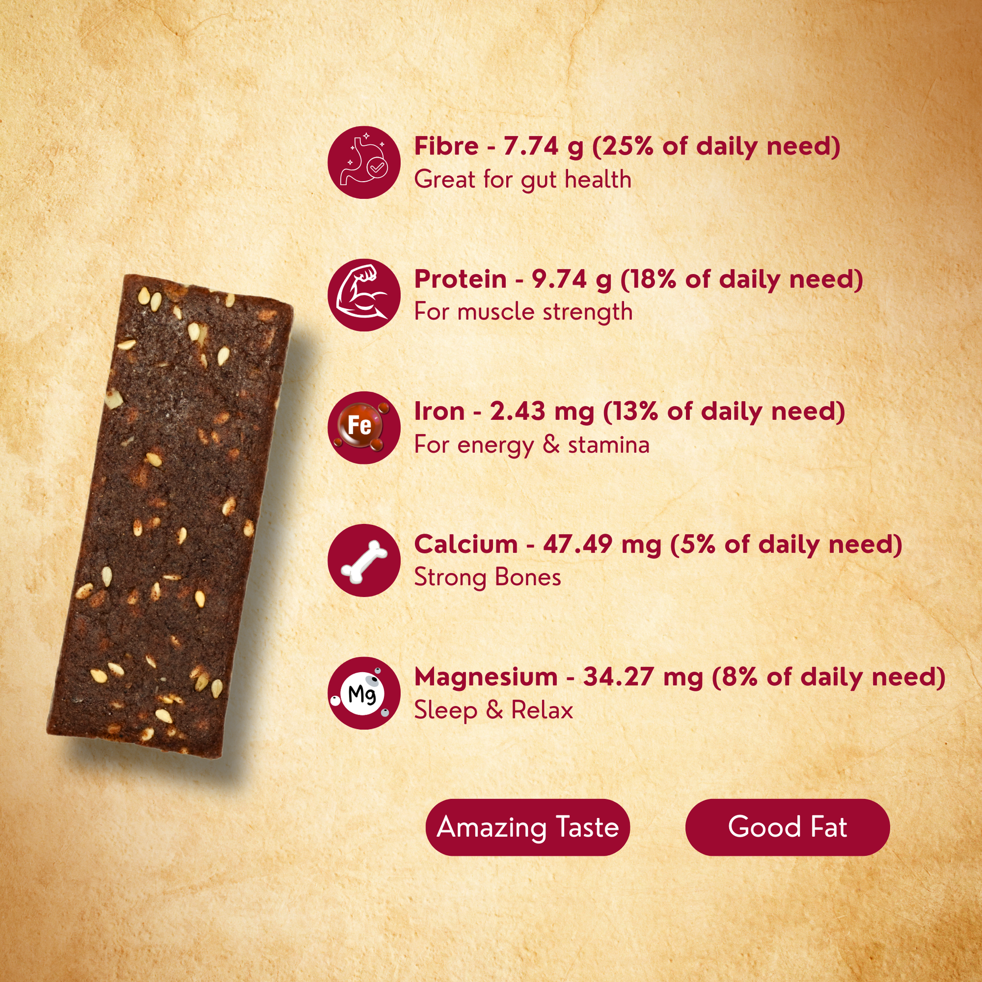 Nutritional information of a protein bar on a textured beige background