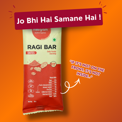 Ragi bar packaging with promotional text on an orange background