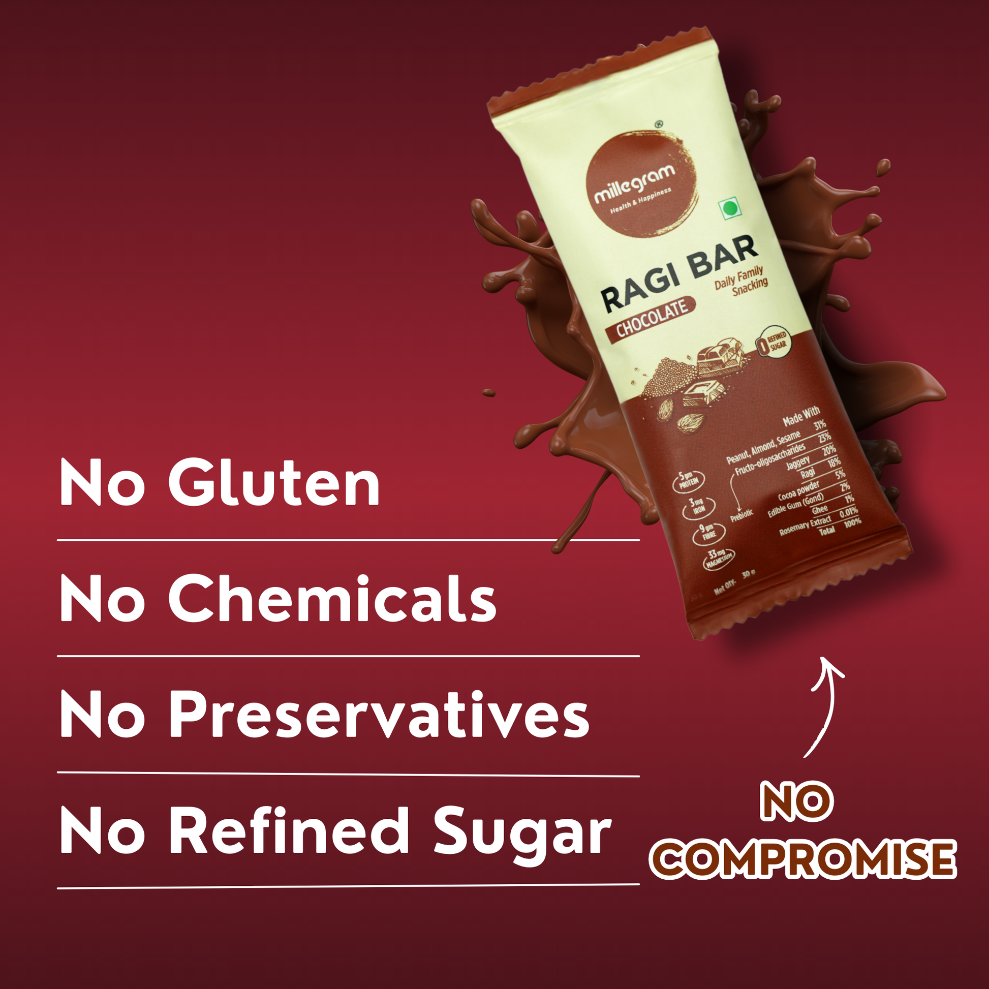 Ragi bar packaging with chocolate splashes on a red background, highlighting health benefits.