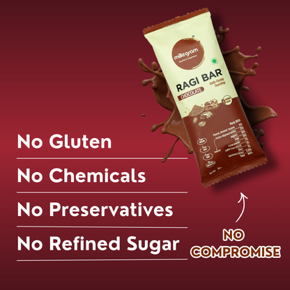 Ragi bar packaging with chocolate splashes on a red background, highlighting health benefits.