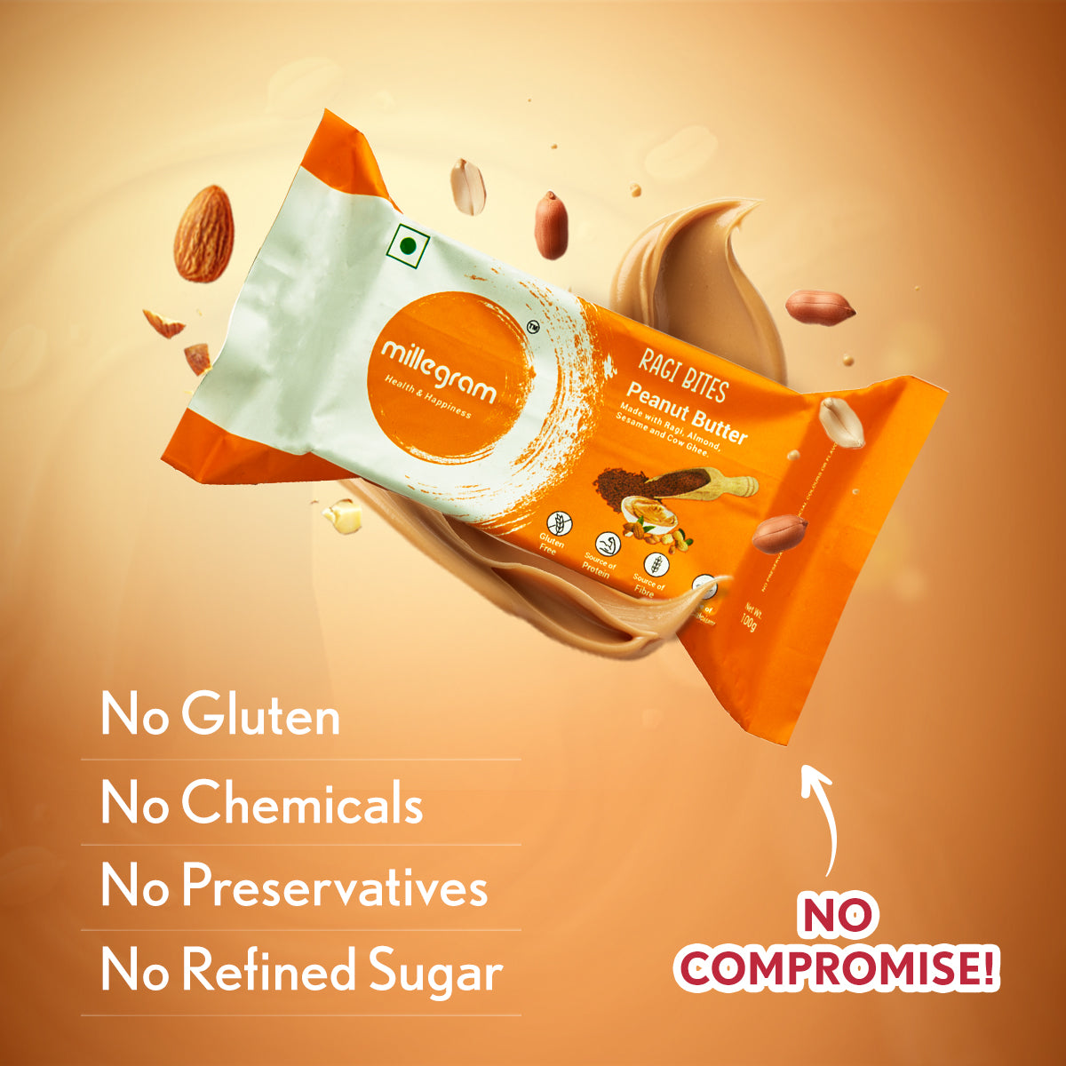 Ragi Bites Peanut Butter Flavour (Pack Of 3 x 100 g) - 3g Protein & 2g Fibre each bar | No Refined Sugar