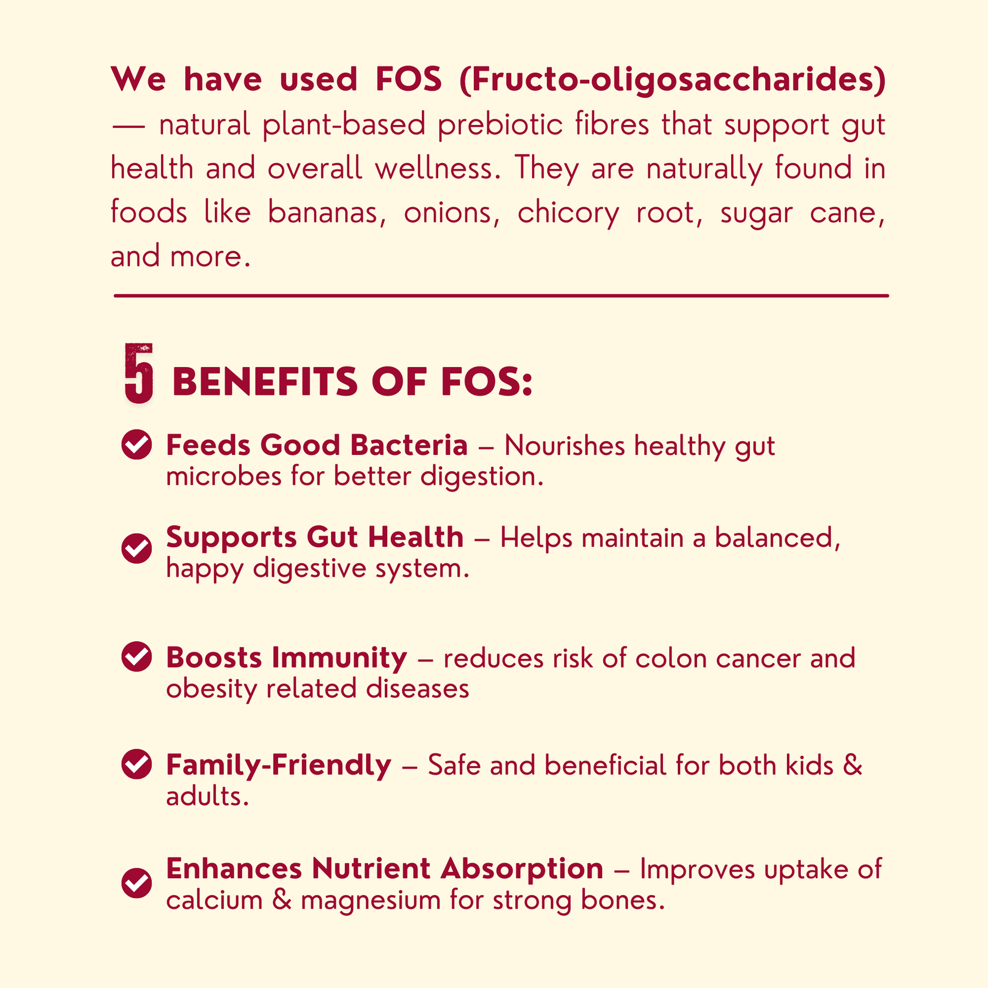 Text detailing the benefits of FOS (Fructo-oligosaccharides) on a white background