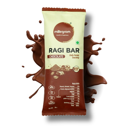 Chocolate Ragi Bar packaging with splashes of chocolate on a white background