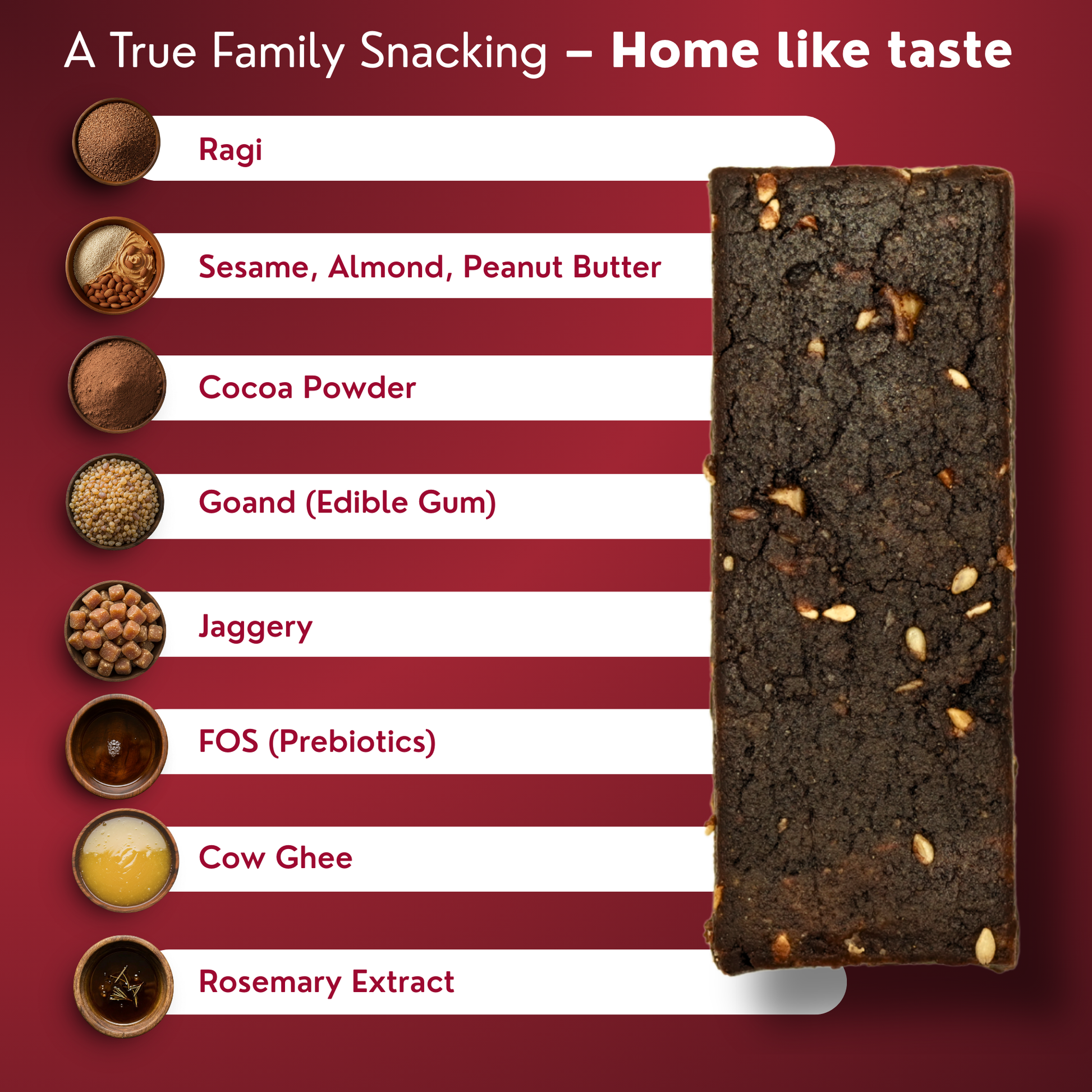 Nutritious bar with ingredients listed on a red background