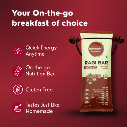Ragi bar packaging with features on a red background