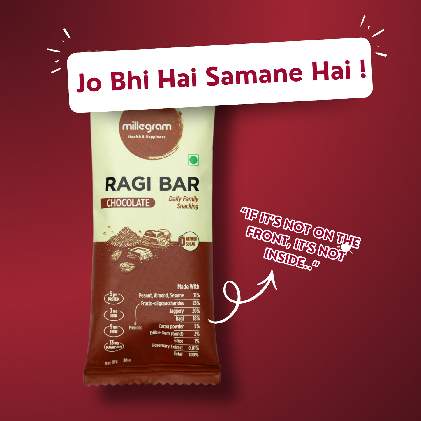 Ragi bar packaging with text on a red background