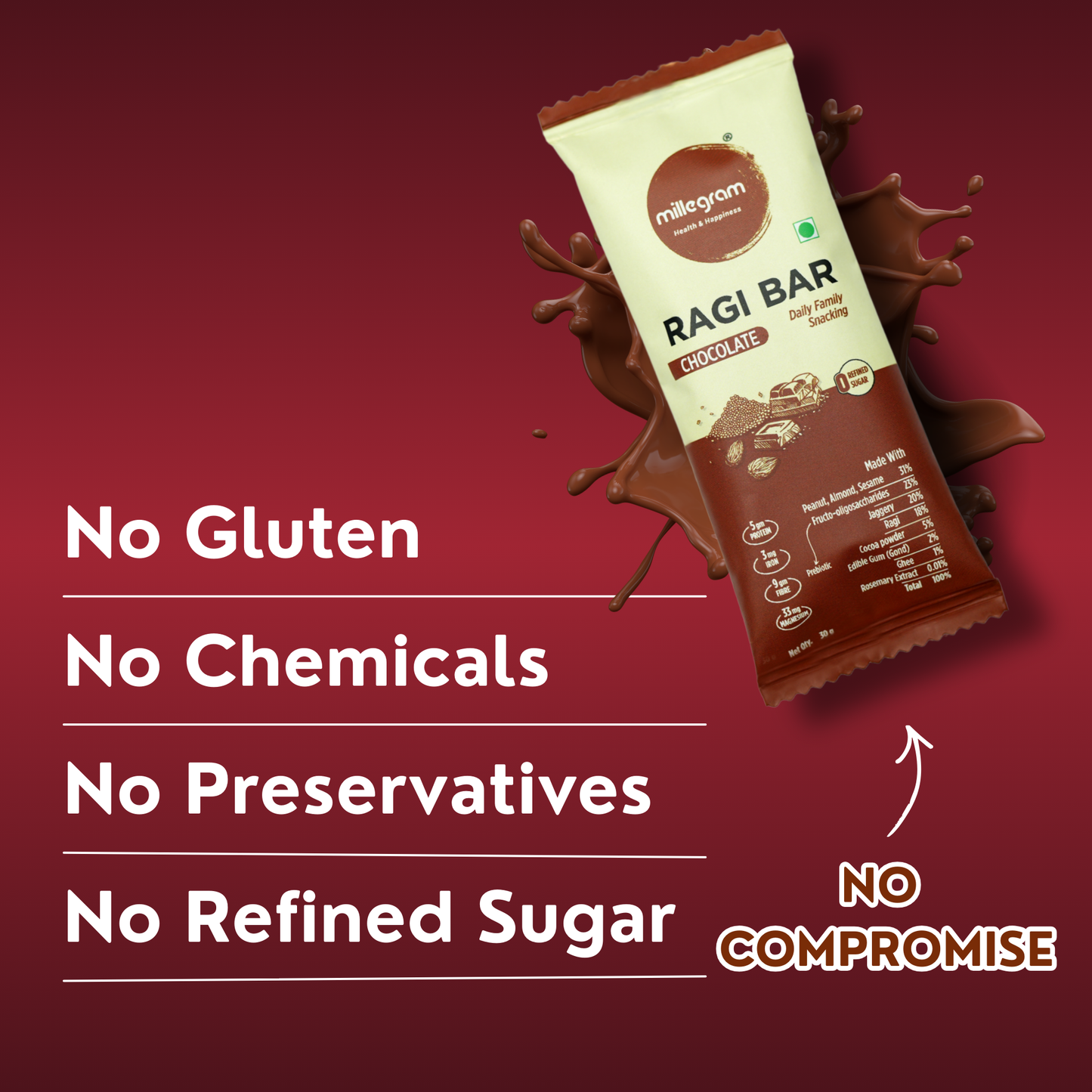 Ragi bar packaging with chocolate splashes on a red background, highlighting health benefits.