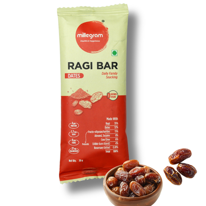 Millegram Ragi Bar package with dates on a white background