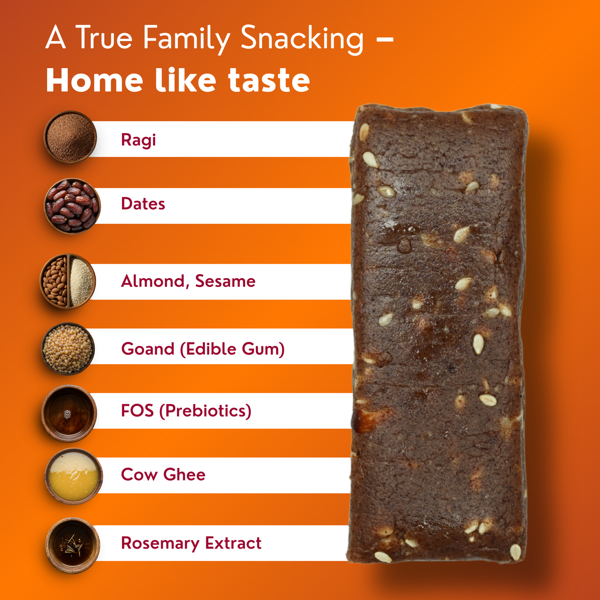 Nutritious bar with ingredients listed on an orange background