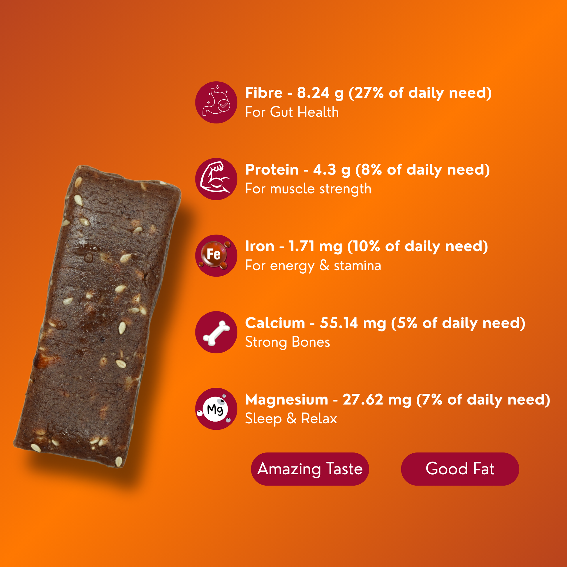 Nutritional information of a protein bar on an orange background