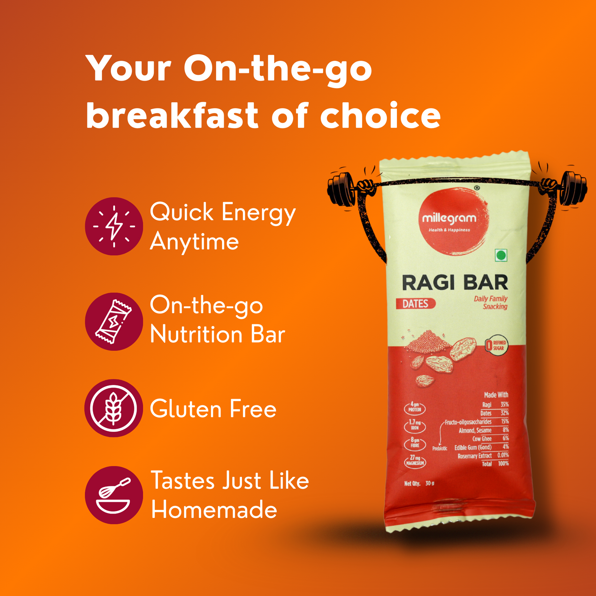 Ragi bar packaging with promotional text on an orange background