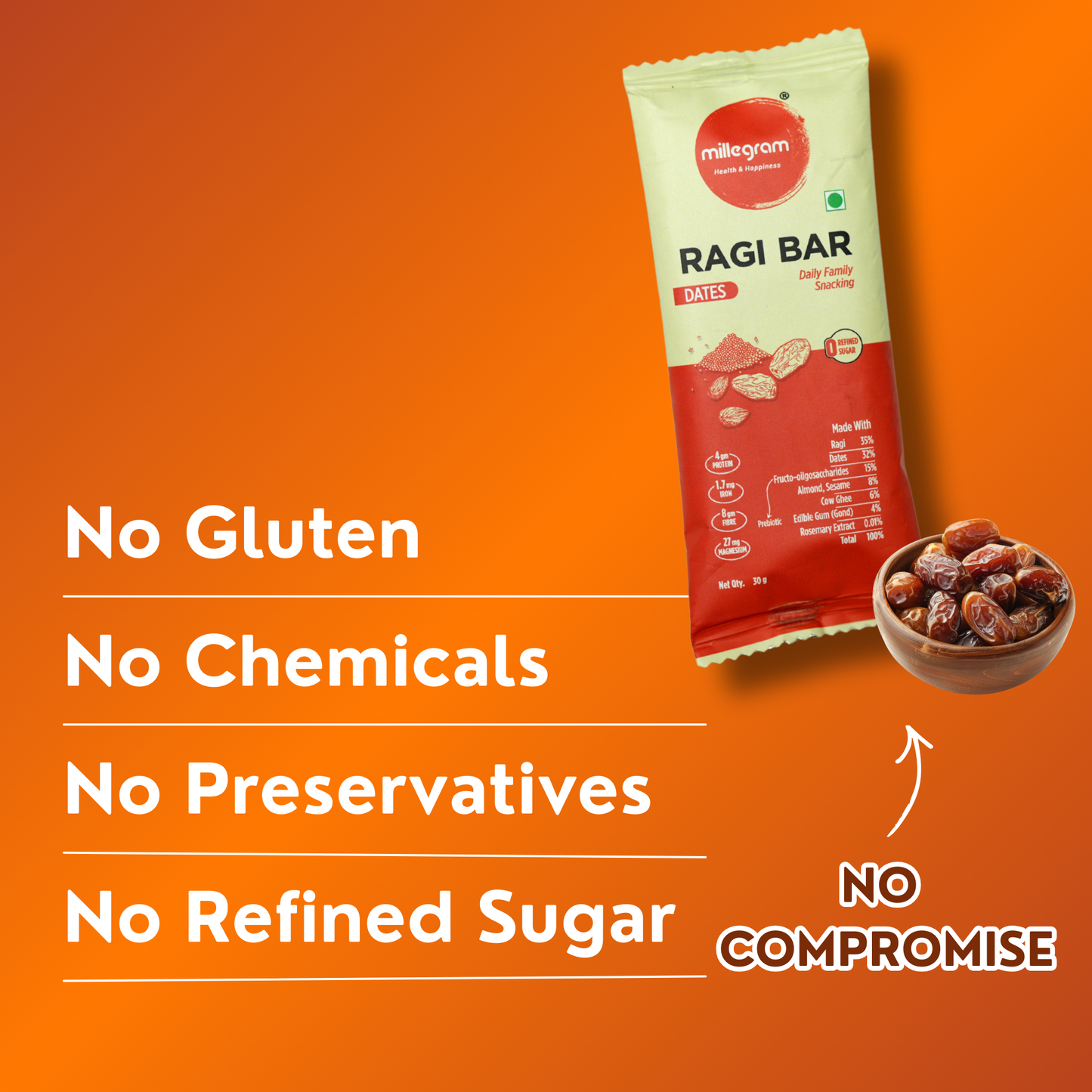 Millegram Ragi Bar packaging with ingredients on an orange background