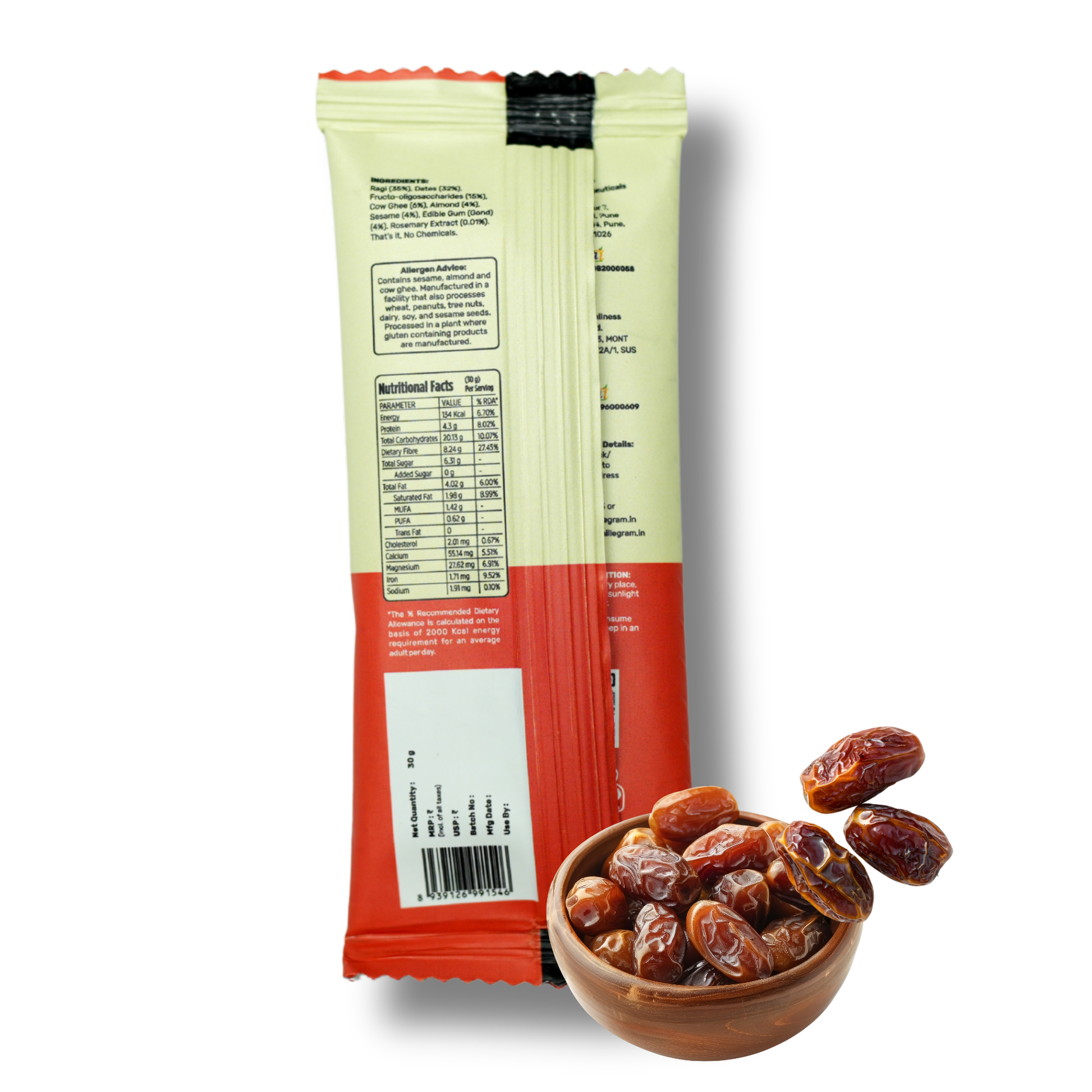 Dates in a wooden bowl with a package of dates on a white background