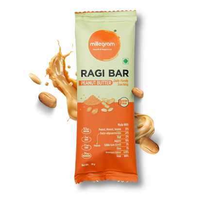 Millegram Ragi bar packaging with peanut butter flavor on a white background