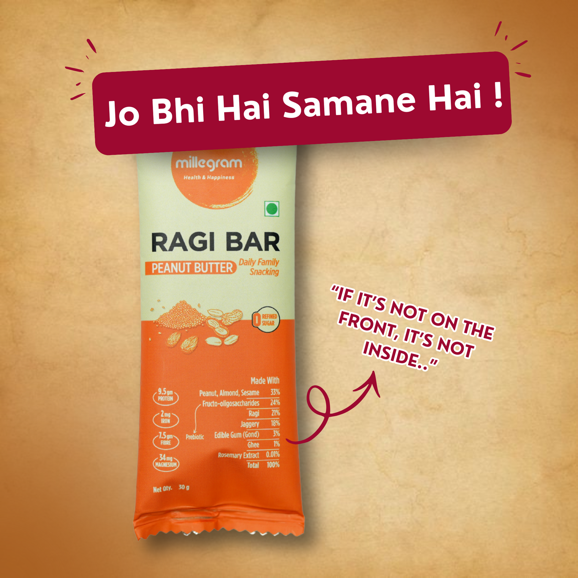Millegram Ragi bar packaging with peanut butter flavor on a brown background
