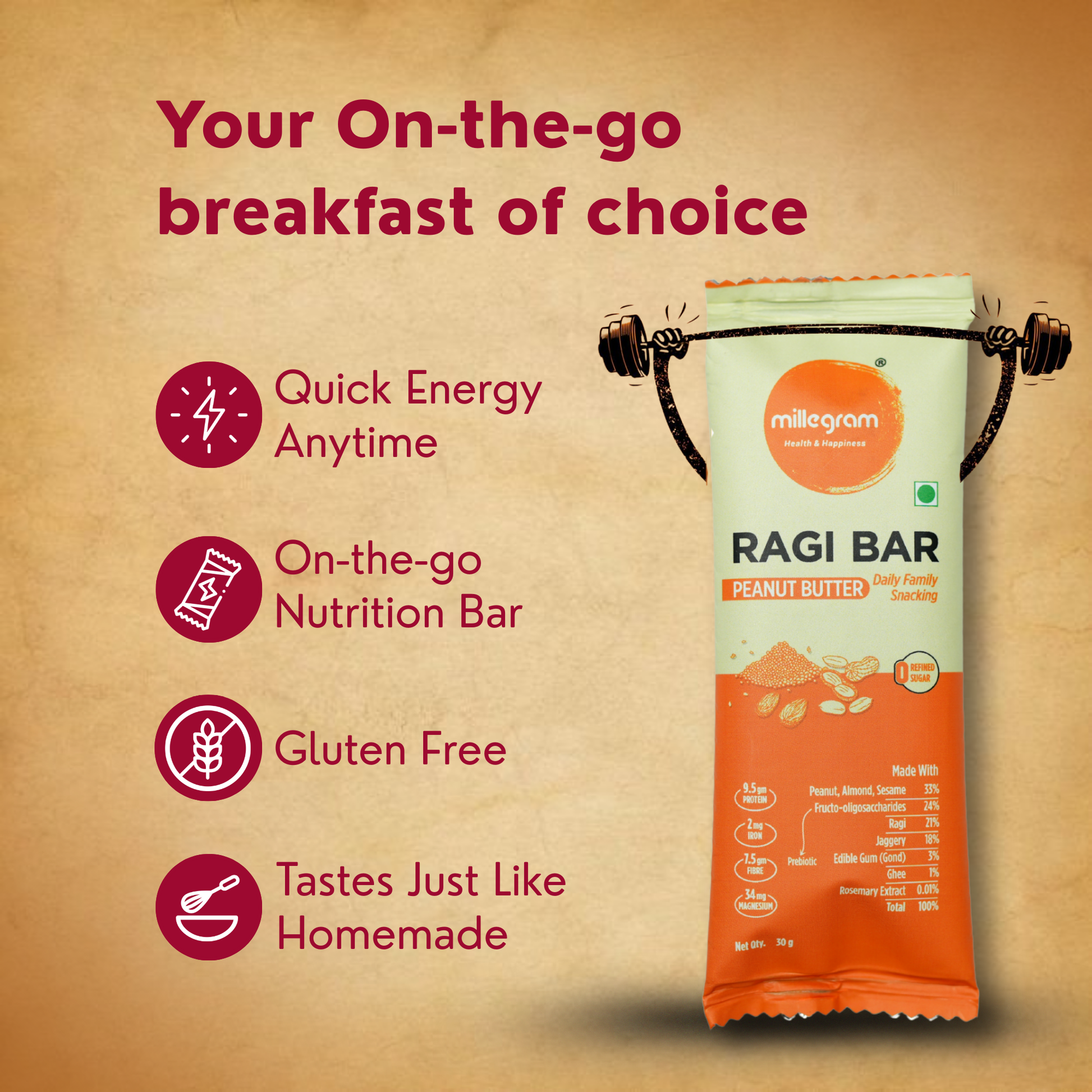 Millegram Ragi bar packaging with features on a beige background