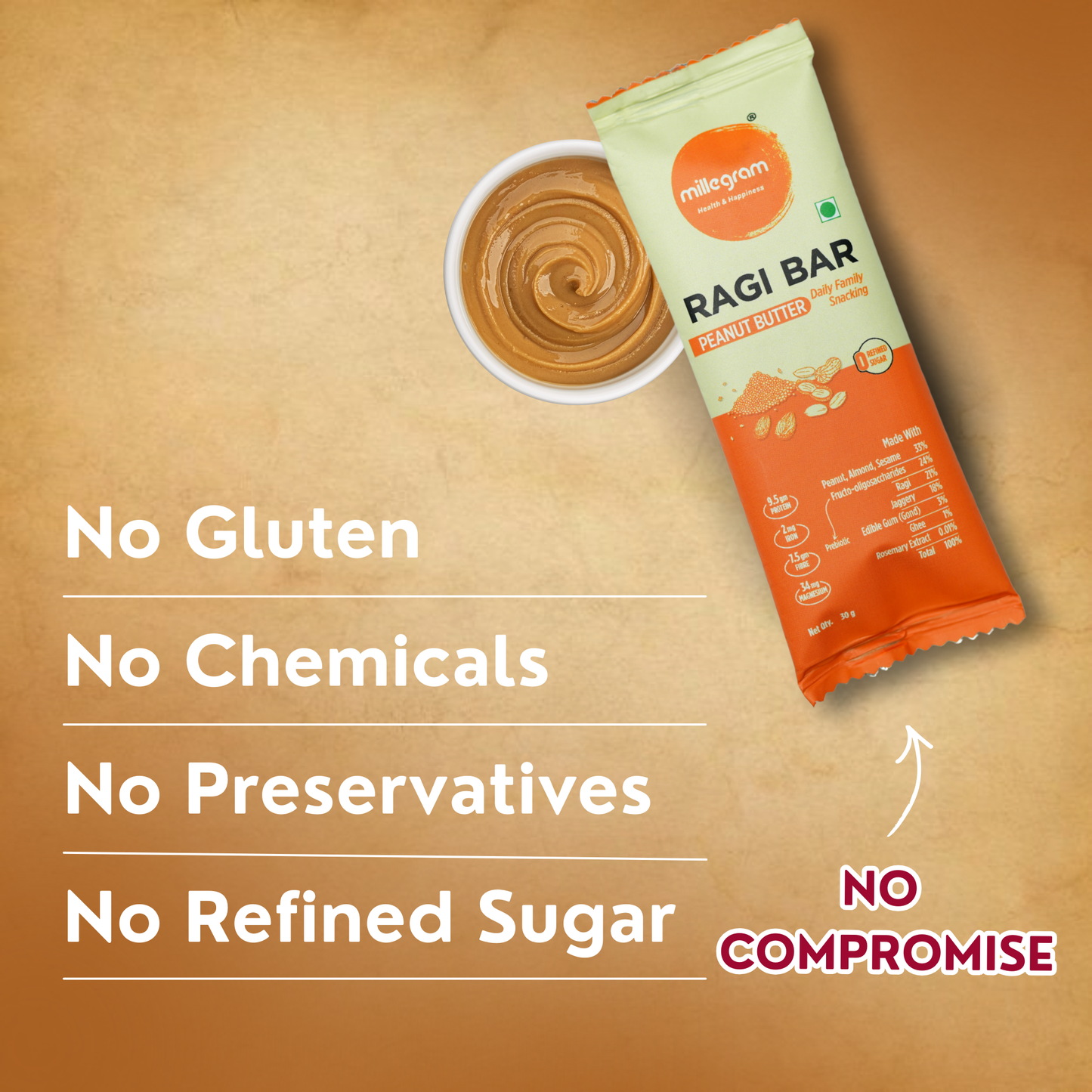 Millet bar with a bowl of peanut butter on a brown background, featuring text about ingredient-free qualities.