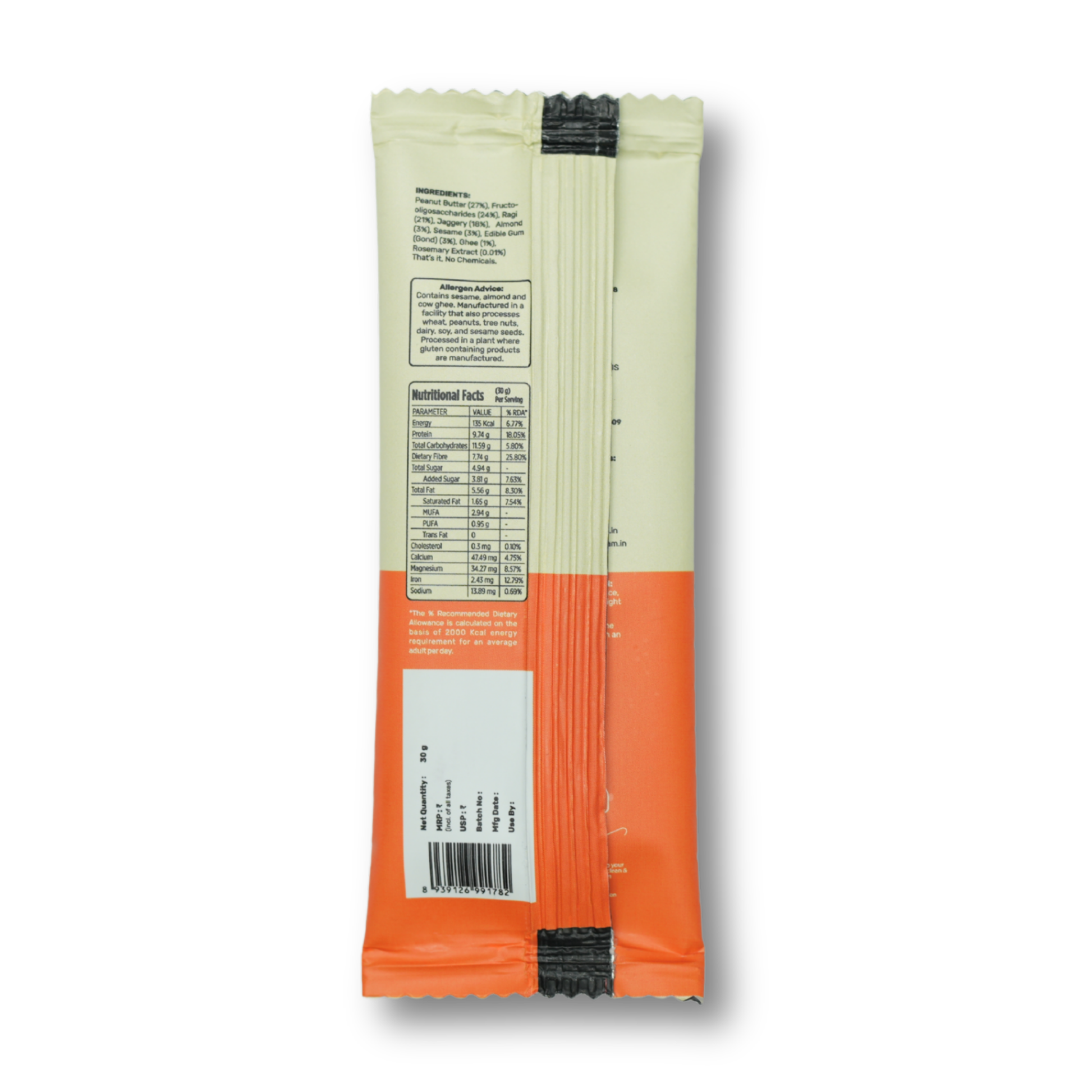 Packaged product with a white label and orange base on a white background